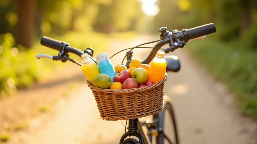 Blakus velosipēds piekrautas pūpolu pūpolu maisiņš ar ūdeni un augļiem, stāv uz smilts ceļa