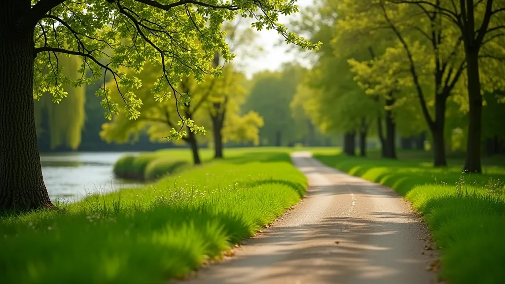 Jaunas pavasara zāle un koki pa Daugavas krasta veloceliņiem, gaišs laiks, horizonta rinda