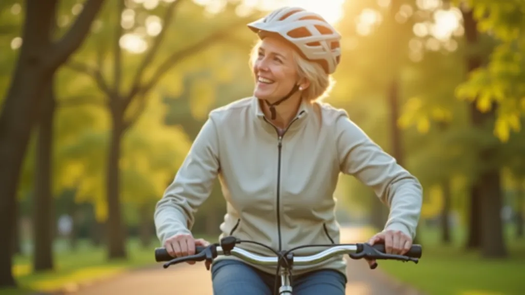 Sieviete vidējā gados ar velokasques uz vecākā dāmas velosipēda, ceļ smaidu, zaļš parks fonā